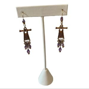 Delicate Looking Antiqued Gold & Purple Stone Drop Earrings.